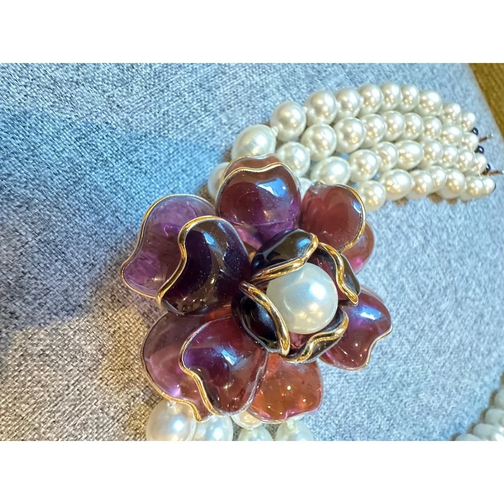 Chanel 05P Vintage Gripoix Camelia Glass Flower Four Strand Pearl Necklace